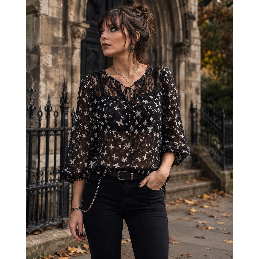 Vanity XL Black Butterfly Sheer Chiffon Blouse Lace Back Whimsigoth Fairy Grunge